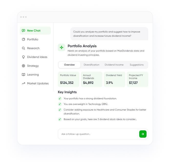 Example AI Dividend Agent conversation showing portfolio analysis and key insights.